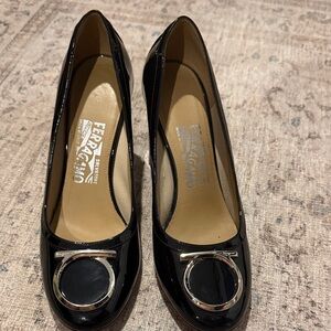 Salvatore Ferragamo Black Patent Leather Heels with Silver Accents